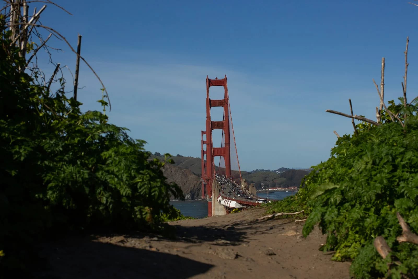 Puente Golden Gate visto desde la costa del Presidio, con agua y colinas costeras