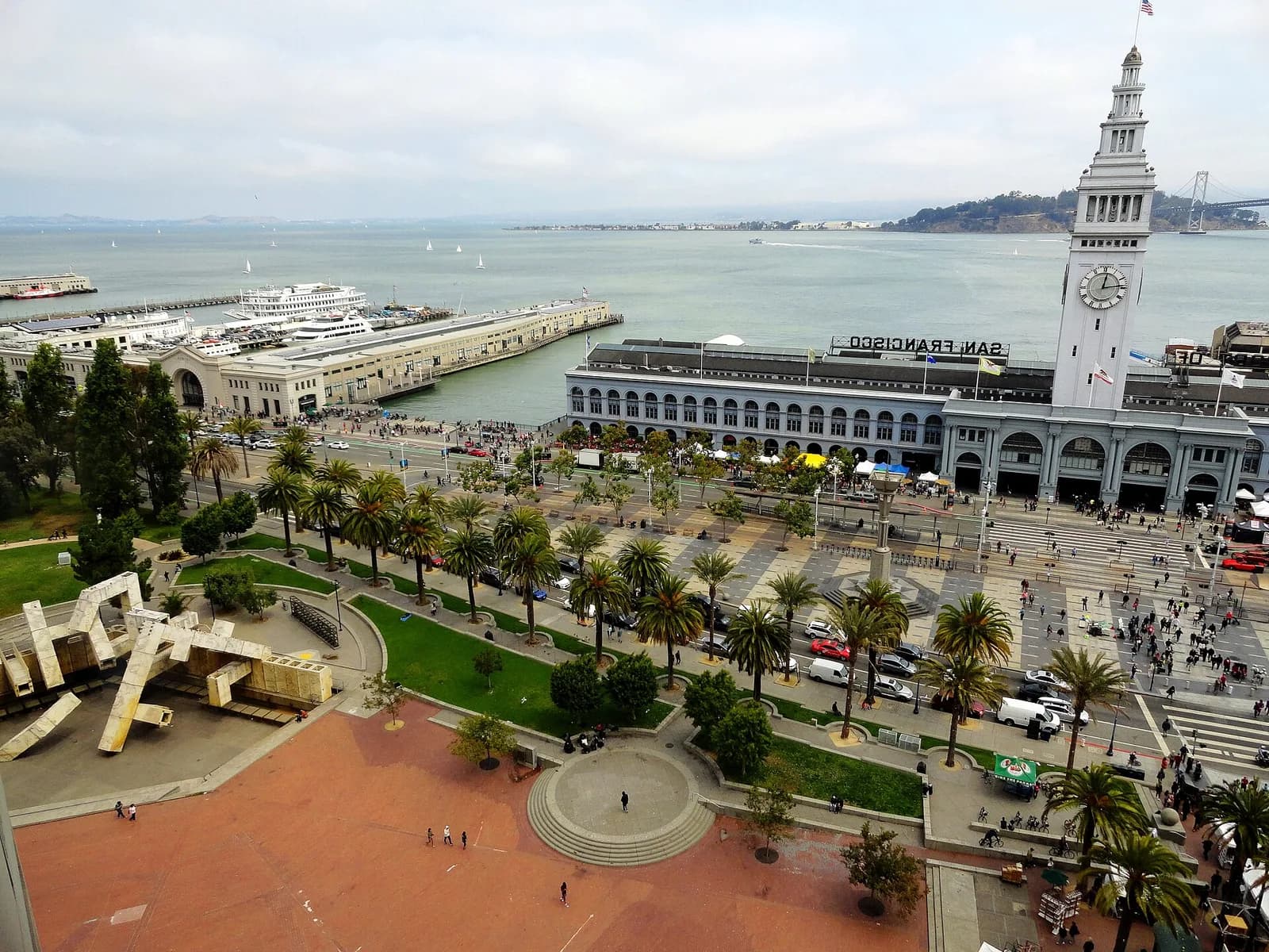 San Francisco Ferry Building and the Embarcadero beside the bay