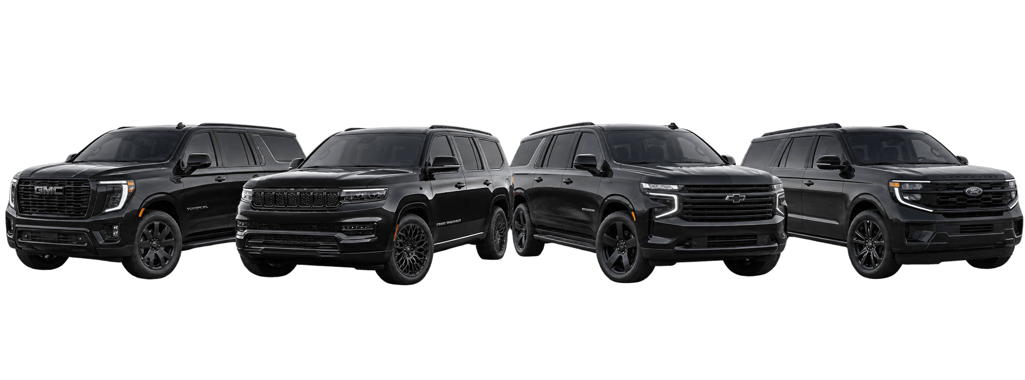 Black full-size luxury SUVs arranged in a fanned lineup